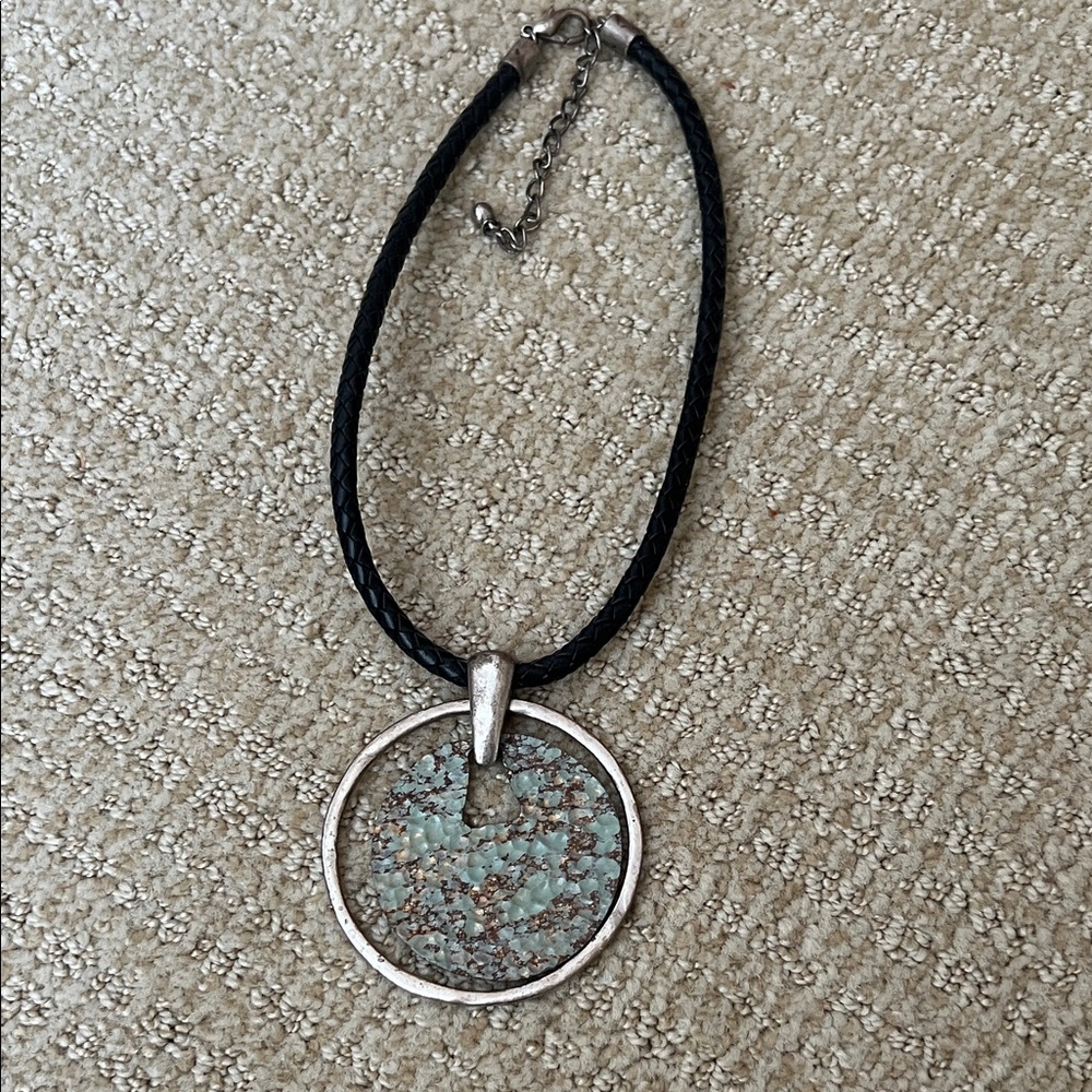 Silver and dark leather braided Necklace